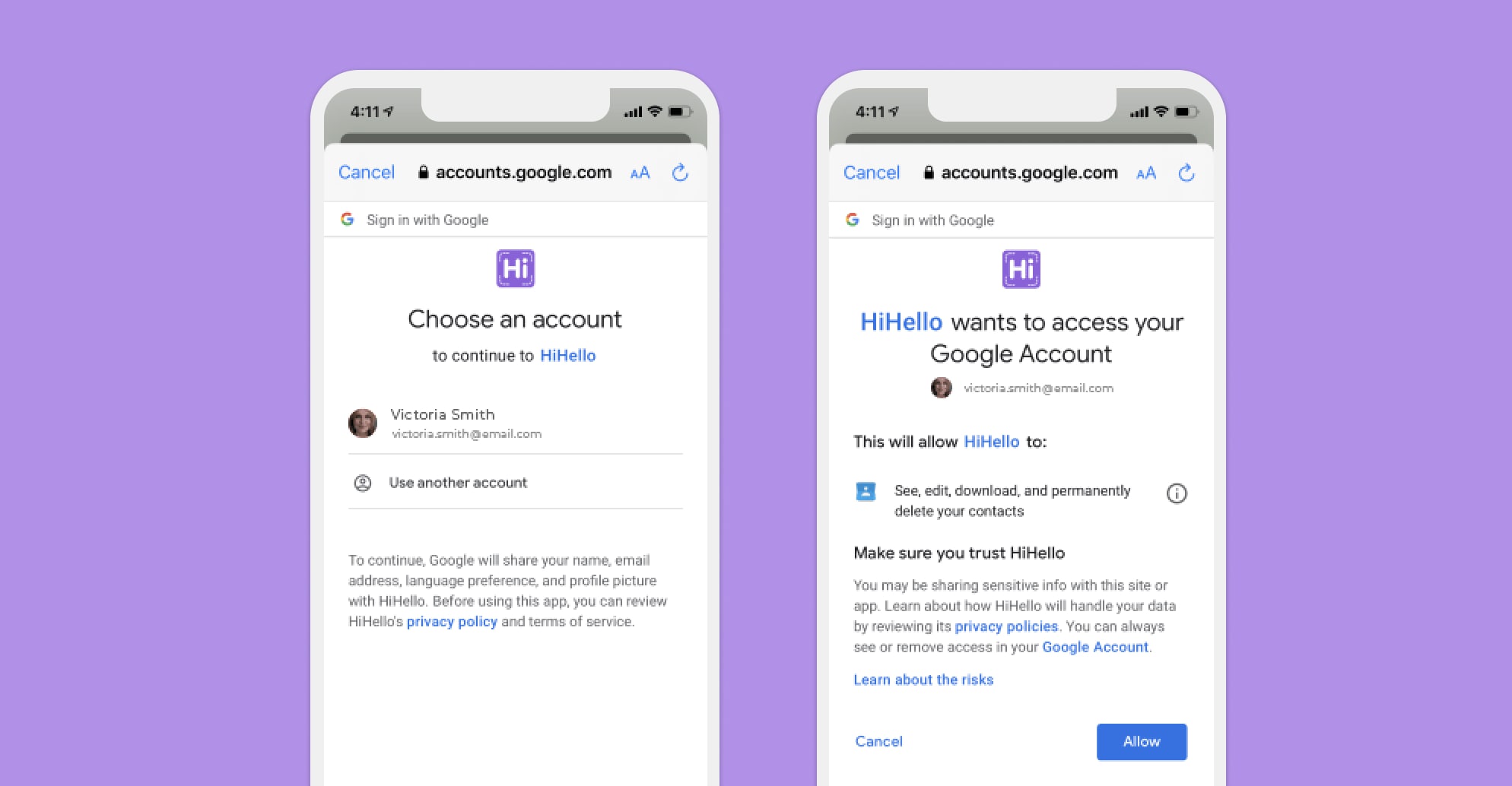 Choose which Google account you want to sync with HiHello.