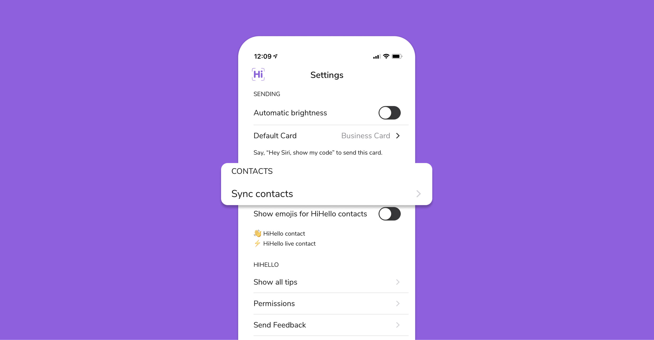 HiHello Settings tap Sync contacts