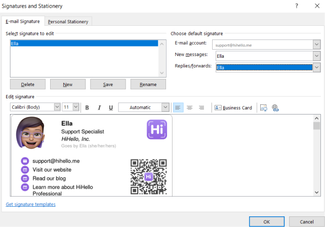 Outlook desktop choose default signature for HiHello email signatures