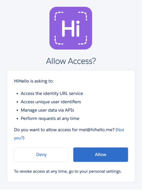 Allow HiHello permissions for Salesforce
