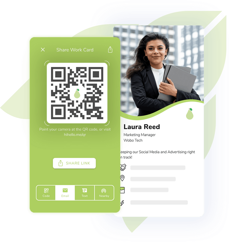 Digital business card with a QR code and email and text sharing options with corporate branding