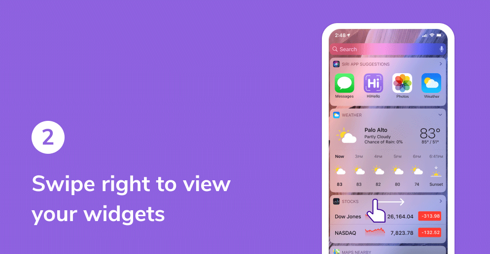 HiHello widget on iOS tutorial. Swipe right to view widgets.