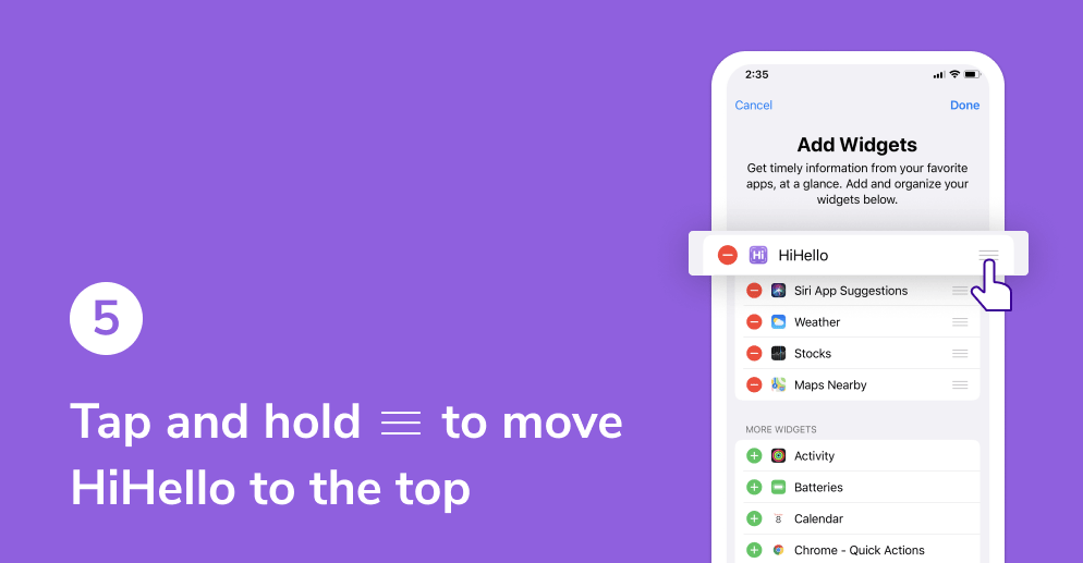 HiHello widget on iOS tutorial. Move HiHello to the top.