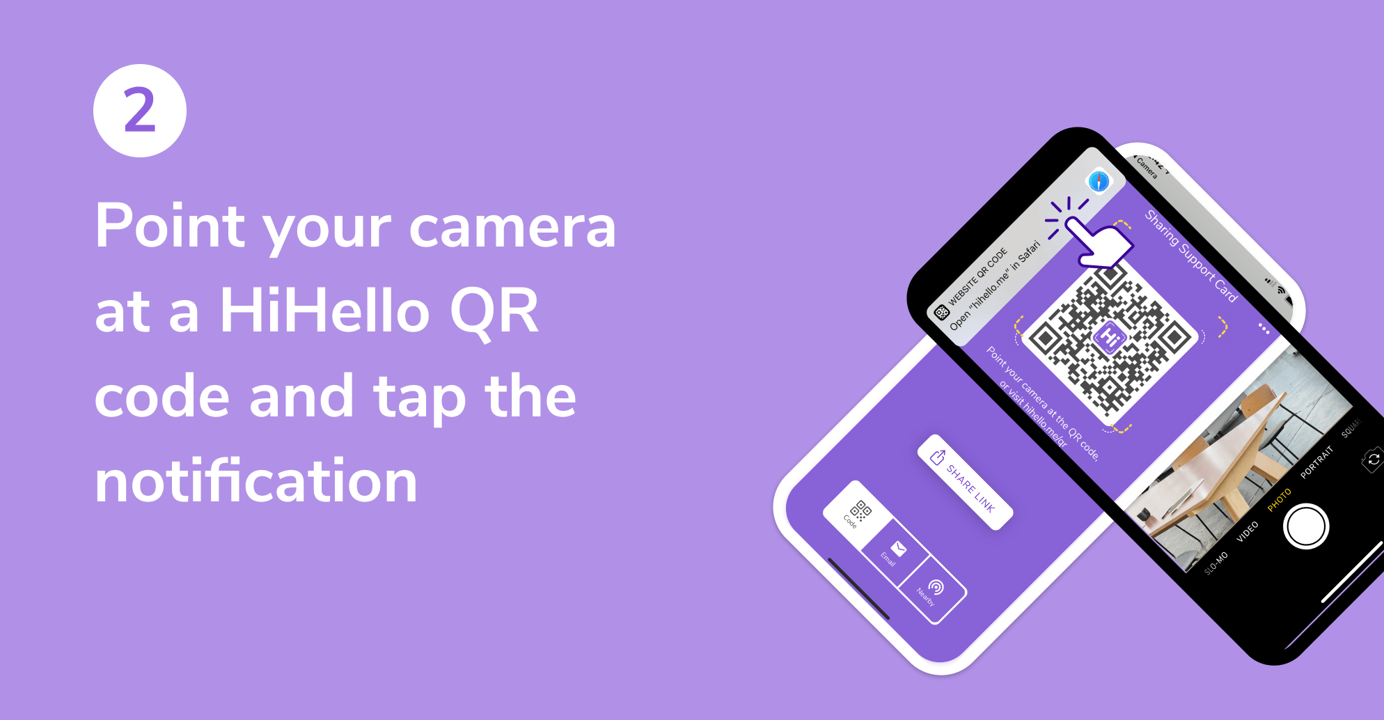 The native Camera app scanning a HiHello QR code on another phone