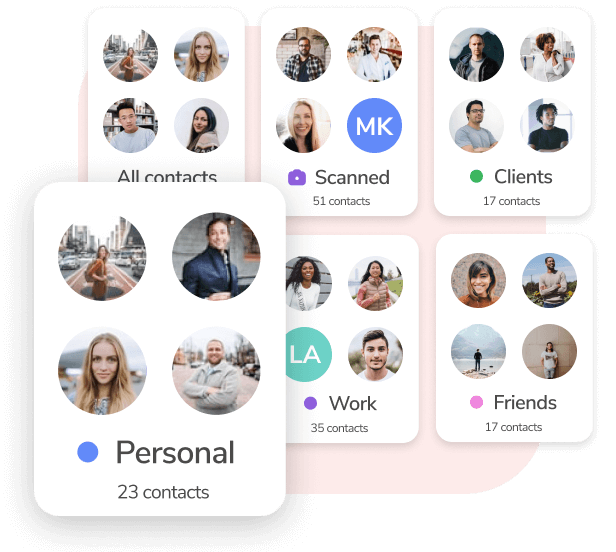 Different HiHello groups, including personal contacts, work contacts, clients, friends, all contacts, and scanned cards.